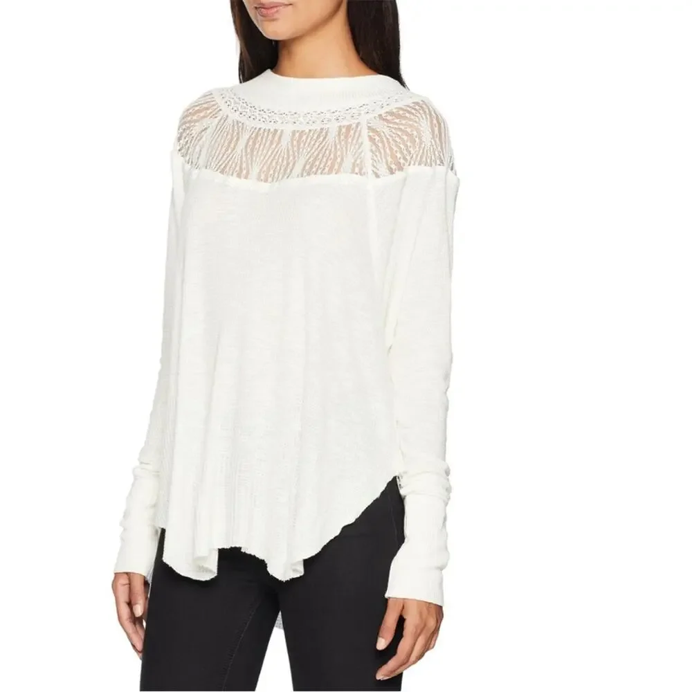 Free People Long Sleeve Top‎ Women S Ivory Spring Valley Lace Trim Thermal Boho